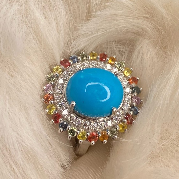 Premium Sleeping Beauty Turquoise and Multi Gemstone Double Halo Ring-Size 6 - Picture 5 of 7